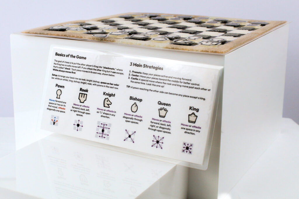 A "How to Play" guide and an open Travel Chessboard with a white background.